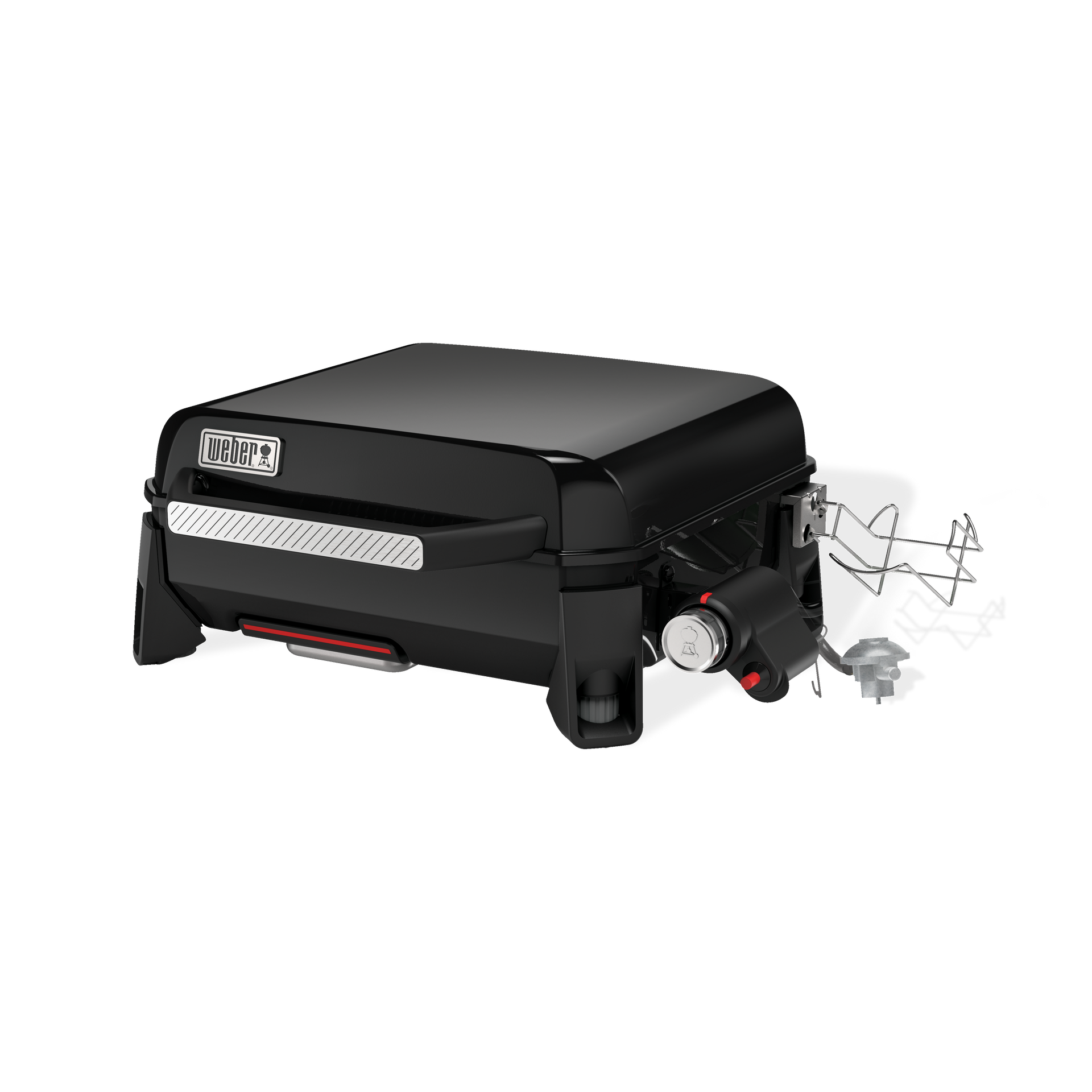 A black portable grill is sitting on a white surface.