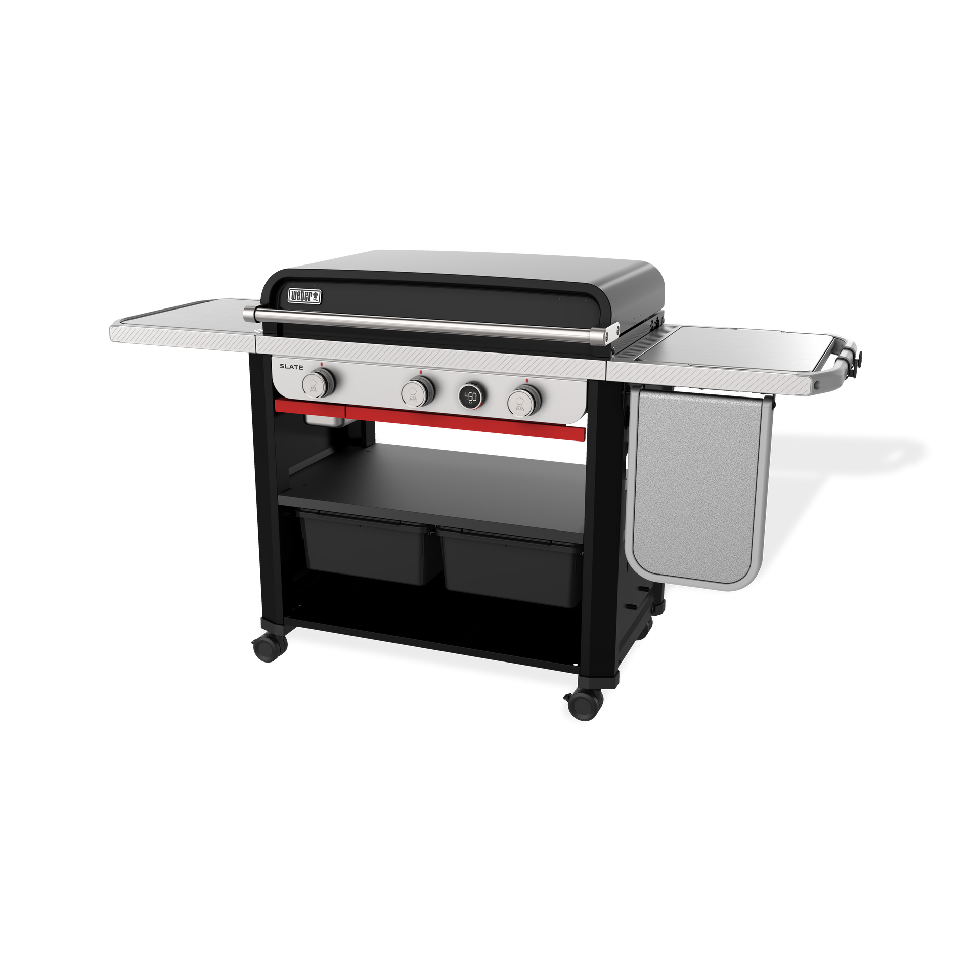 A gas grill with a cart attached to it on a white background.