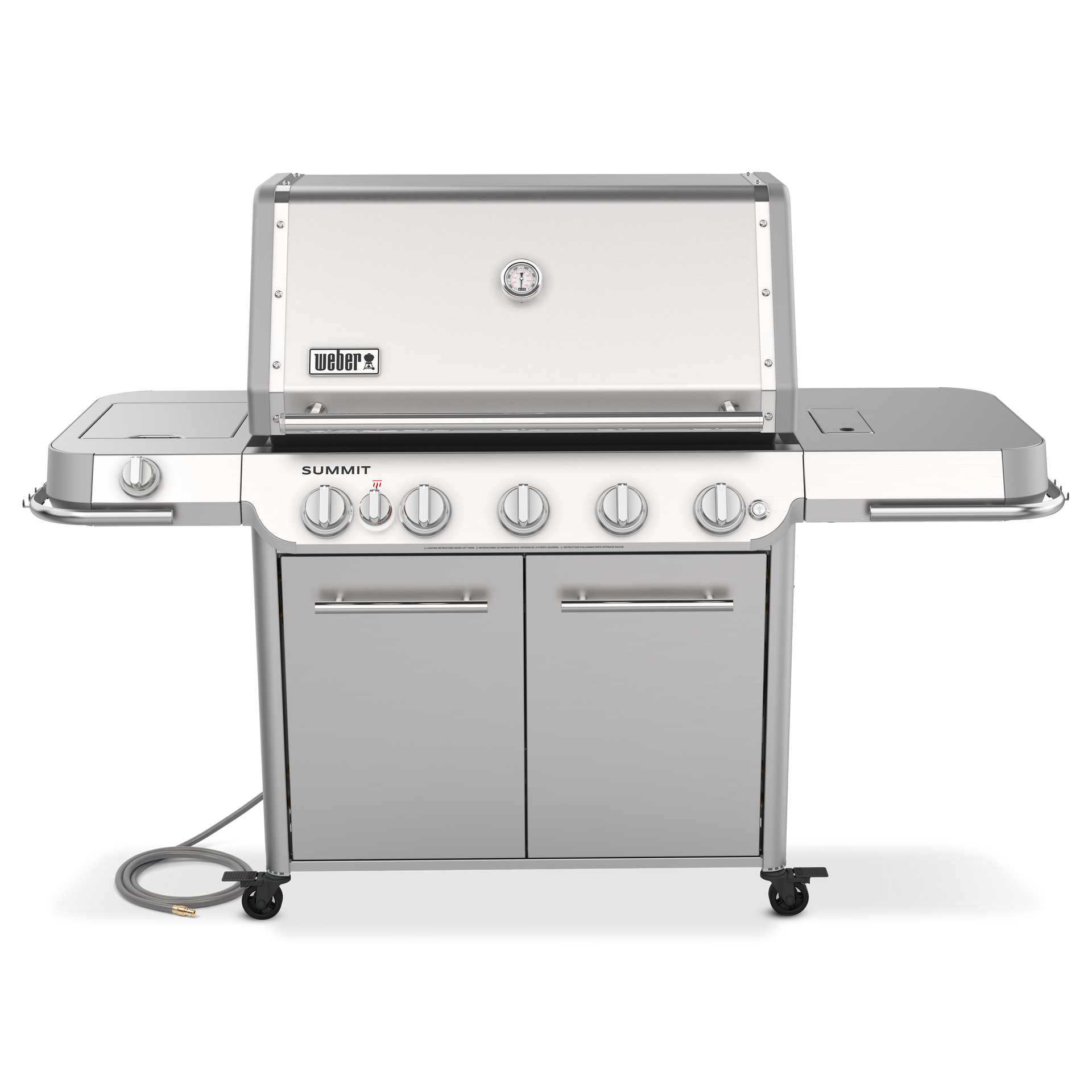 A stainless steel grill with the lid open on a white background.