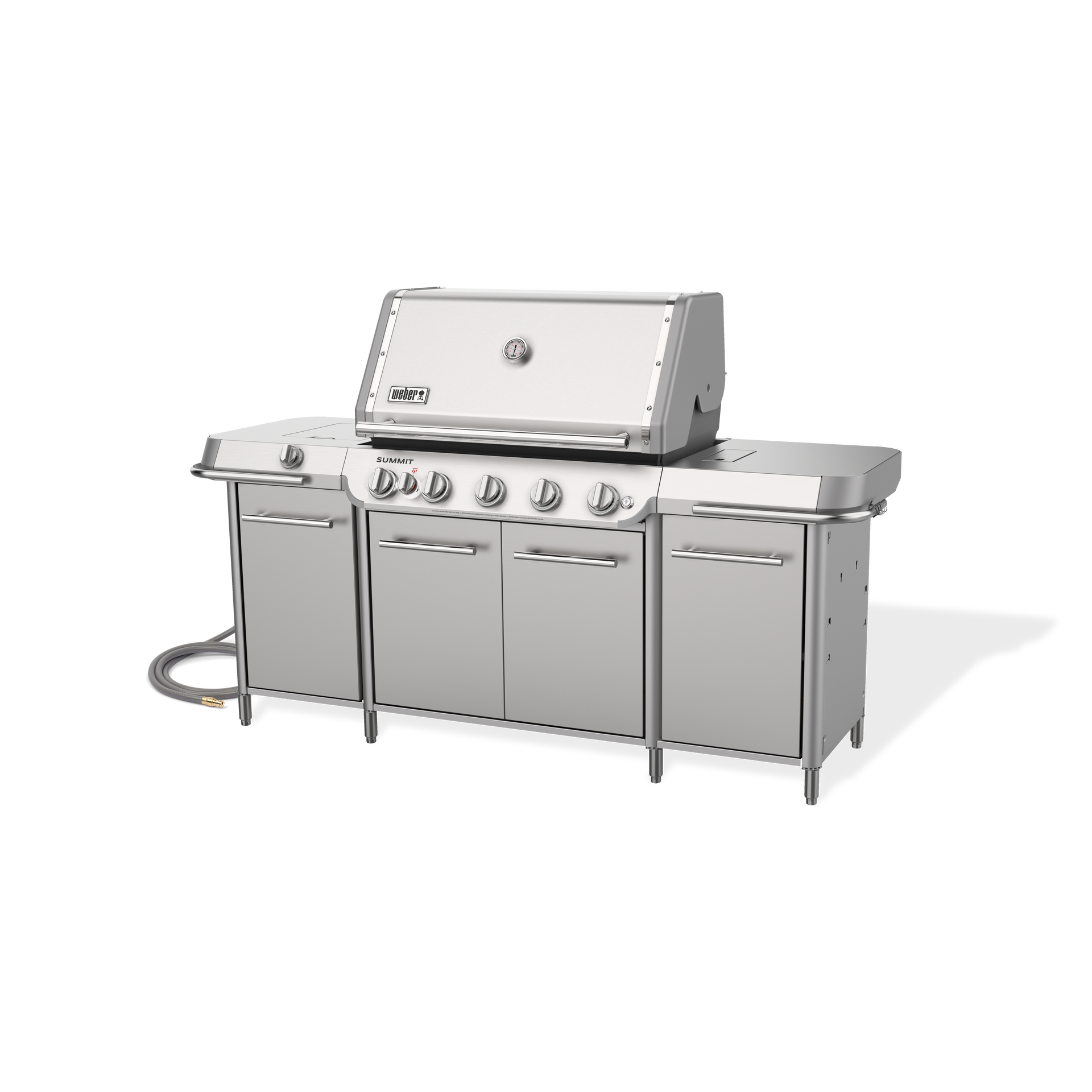A stainless steel grill with a hose attached to it on a white background.