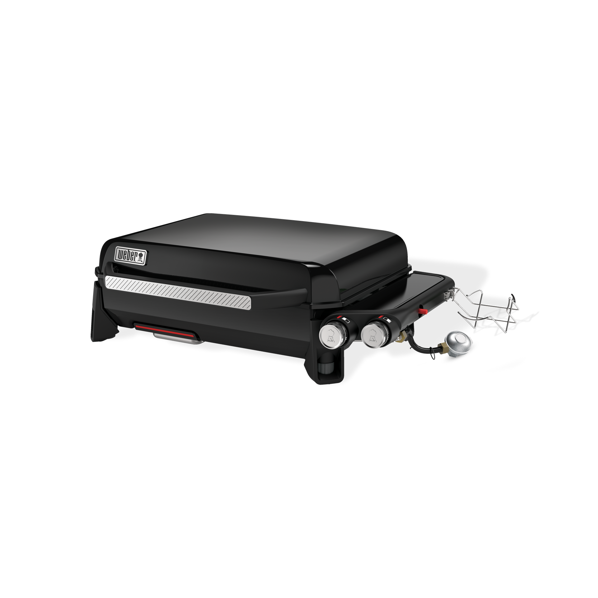 A black toaster oven is sitting on top of a white table.