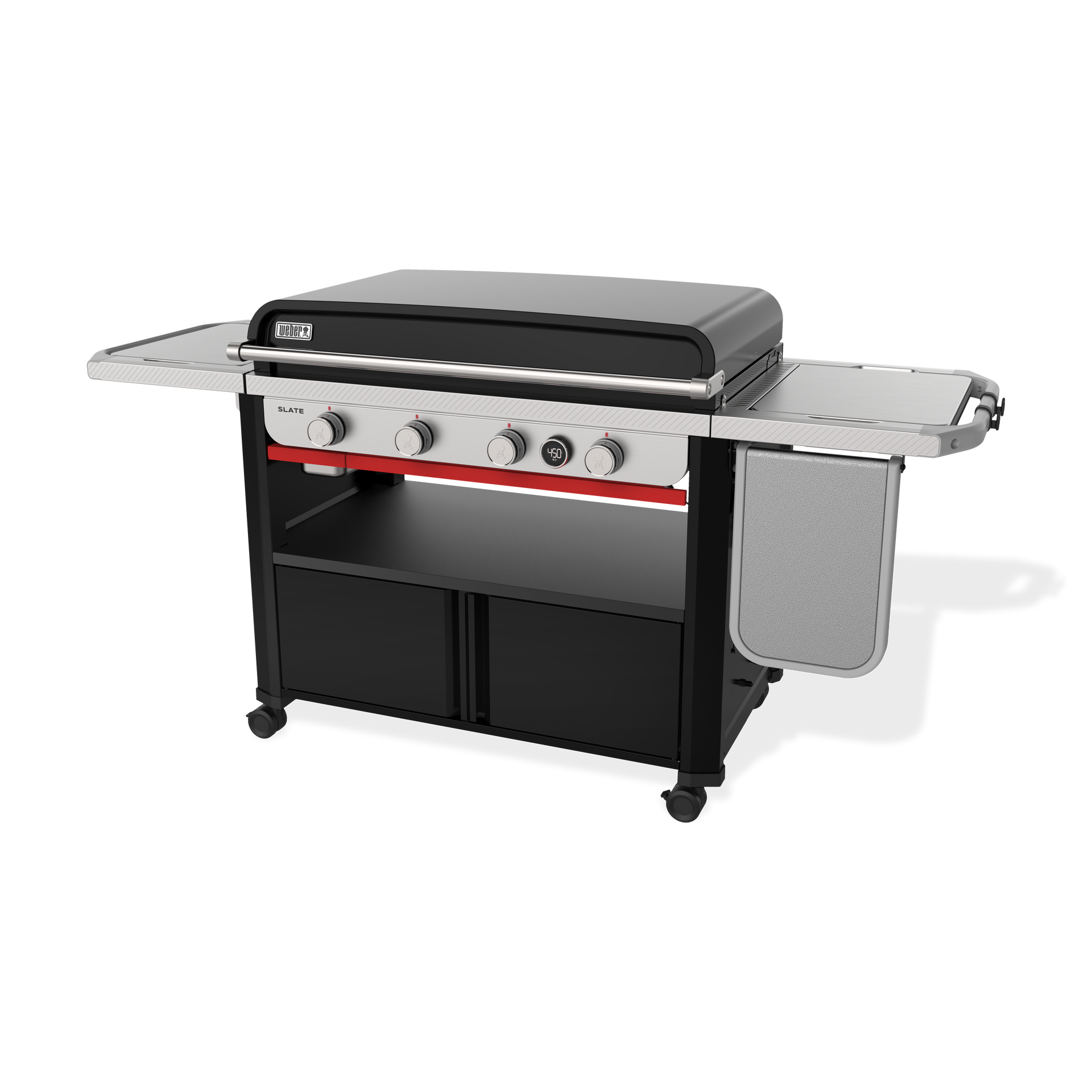 A 3d model of a gas grill on a cart on a white background.