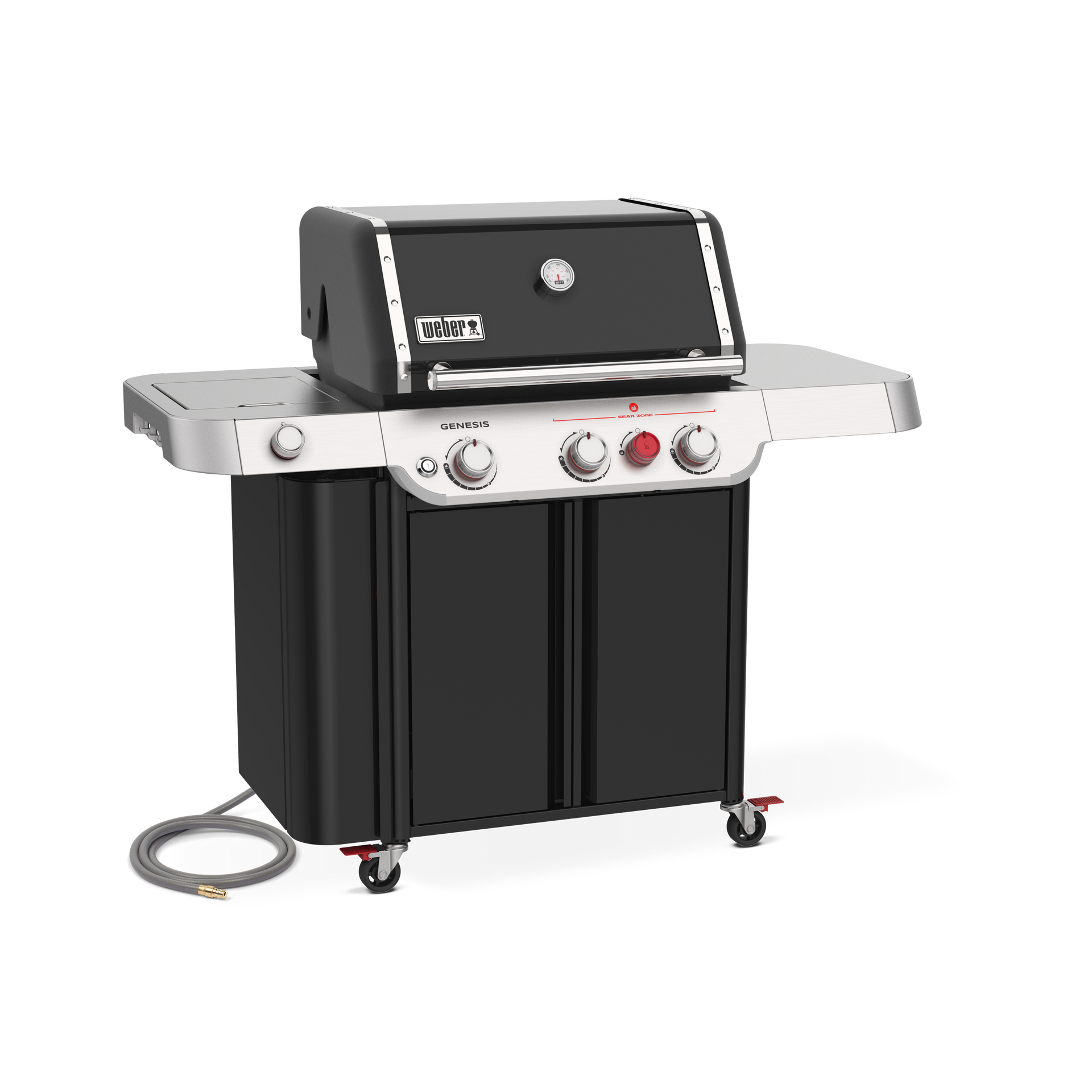 A black gas grill with a hose attached to it on a white background.