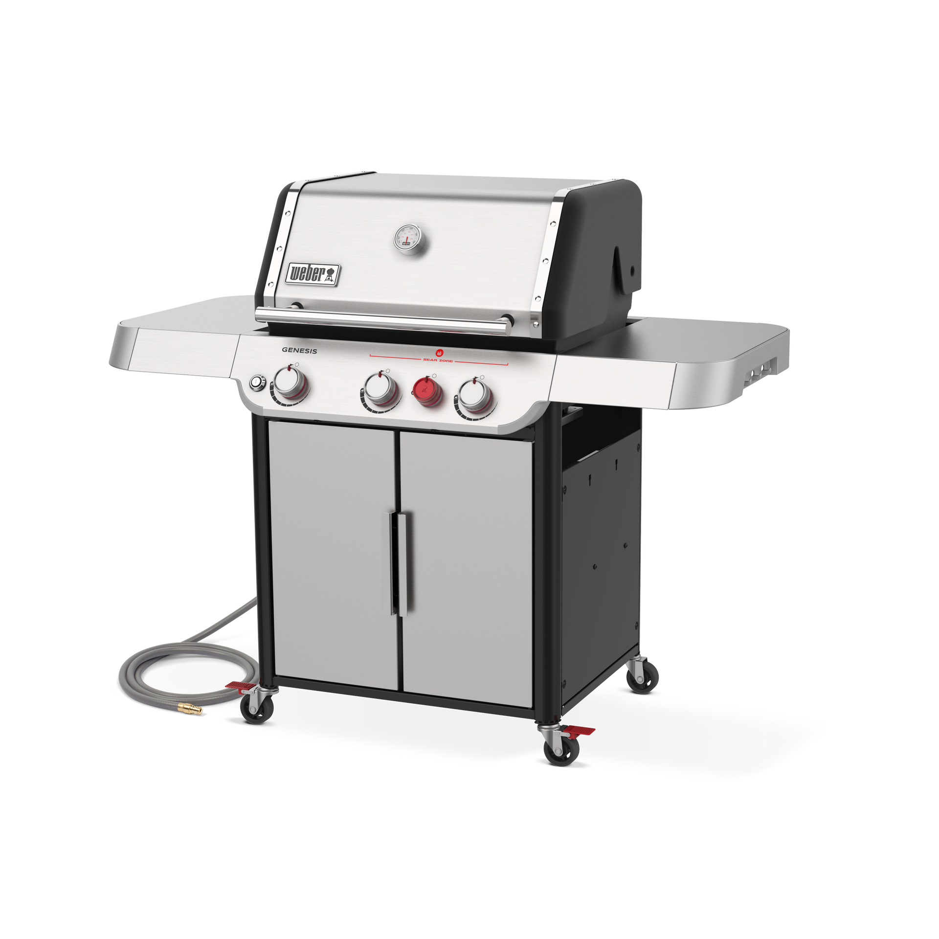 A stainless steel gas grill is sitting on top of a cart on a white background.
