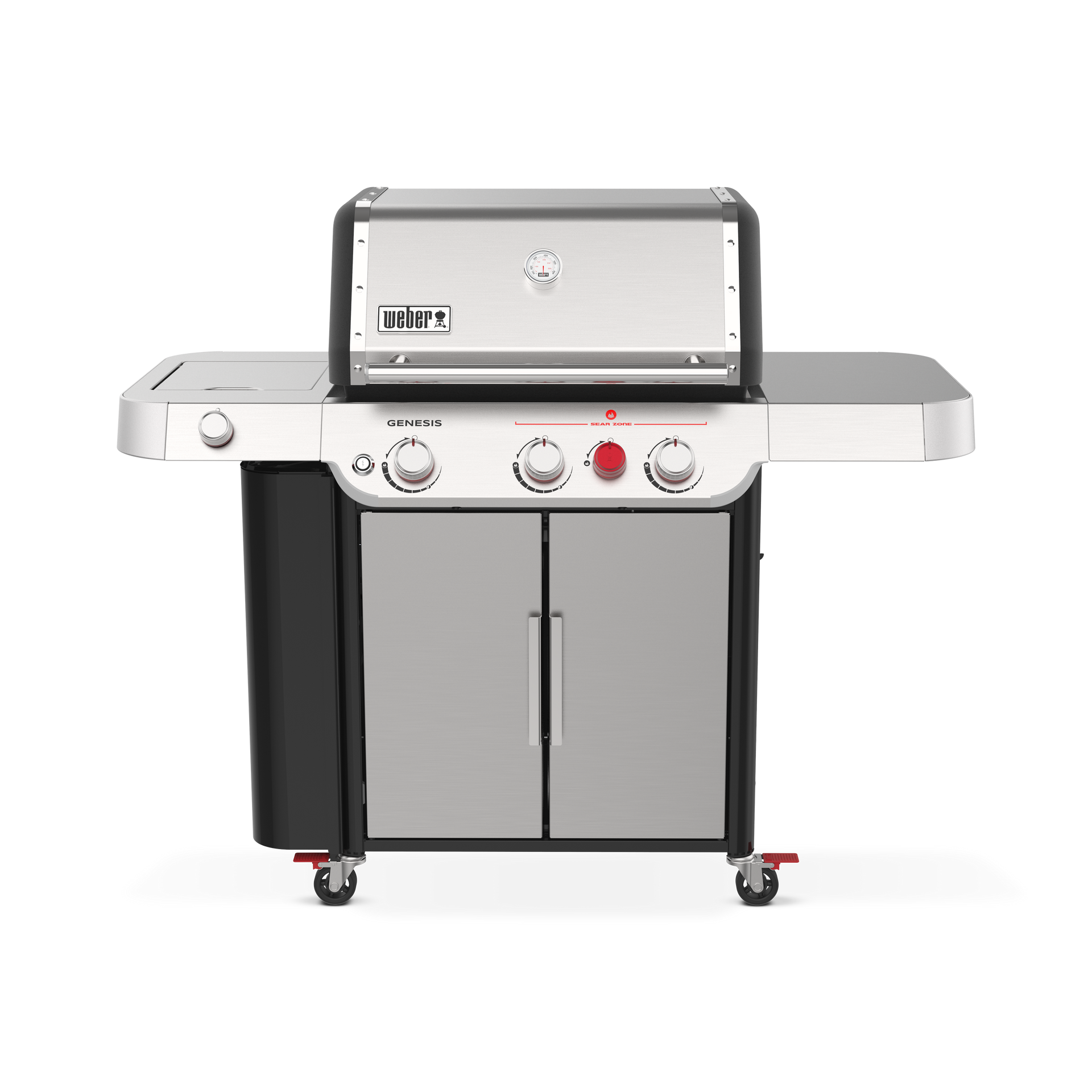 A stainless steel grill with a black cabinet and wheels on a white background.
