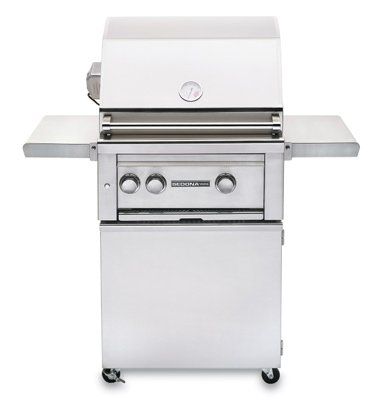 A stainless steel grill with wheels on a white background