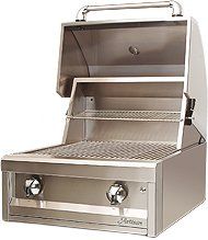A stainless steel grill with the lid open on a white background.