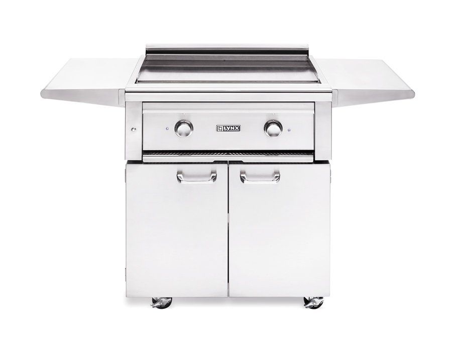 A stainless steel grill with a cart attached to it on a white background.