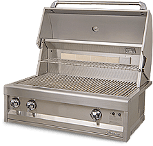 A stainless steel grill with the lid open on a white background.