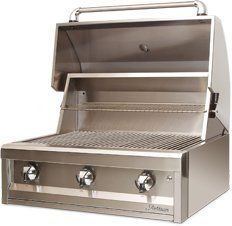 A stainless steel grill with the lid open on a white background.