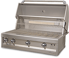 A stainless steel grill with the lid open on a white background.