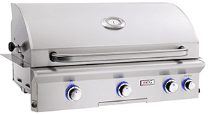 A stainless steel grill with blue knobs on a white background.