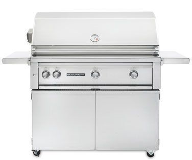 A stainless steel grill with wheels and cabinets on a white background.