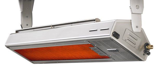 A heater is hanging from the ceiling and has a red burner.