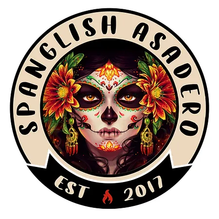 A logo for a restaurant called spanish asadero with a sugar skull on her face.