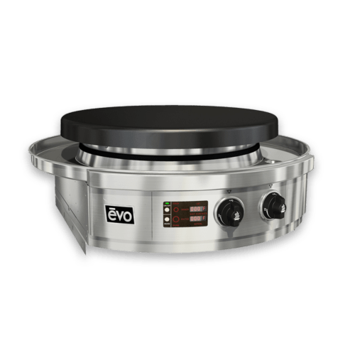 A stainless steel crepe maker with a black lid on a white background.