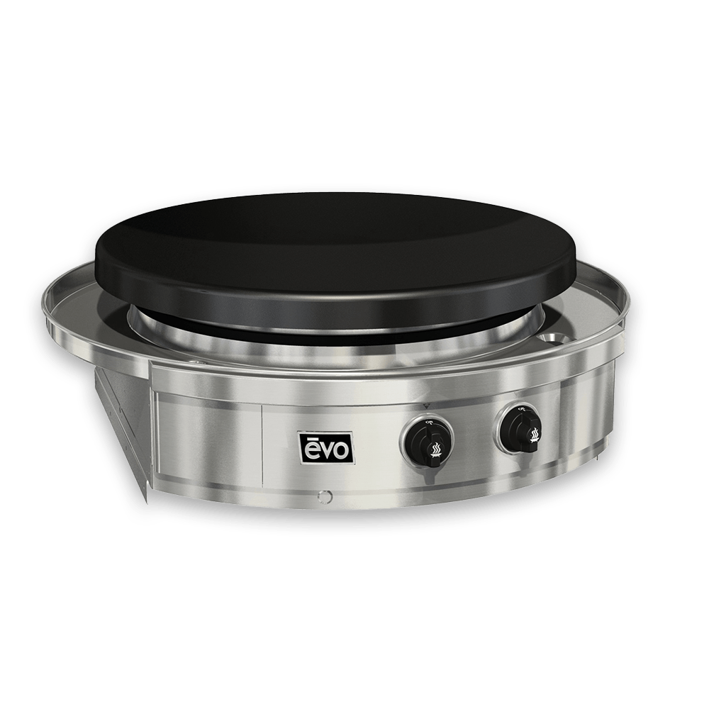 A stainless steel crepe maker with a black lid on a white background.