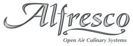 The logo for alfresco open air culinary systems is black and white.
