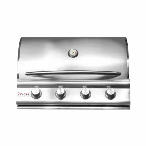 A stainless steel grill with three knobs on a white background.
