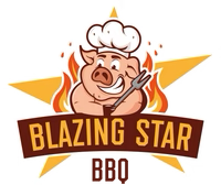 Smiling pig chef with fork in hand, wearing a chef's hat in front of flames and a star, for Blazing Star BBQ.