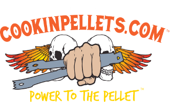 A logo for cookinpellets.com with a skull and wings