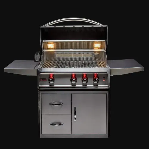 A stainless steel grill with red lights on it