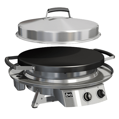 A stainless steel grill with the lid removed and a black pan on top.