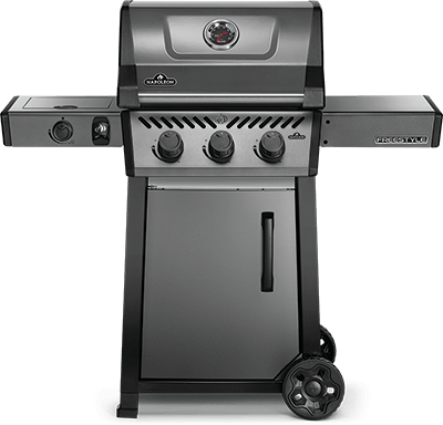 A black gas grill with wheels on a white background.