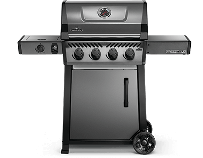 A stainless steel gas grill with wheels on a white background.