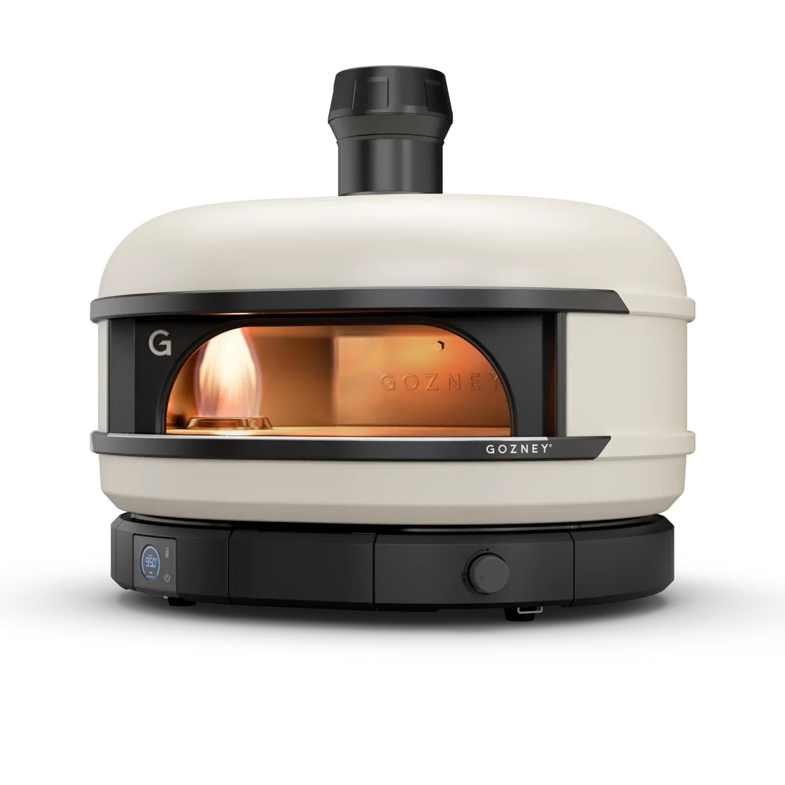 A white pizza oven with a fire inside of it on a white background.