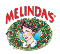 Melinda's logo, featuring a woman's portrait in a floral oval, red text 