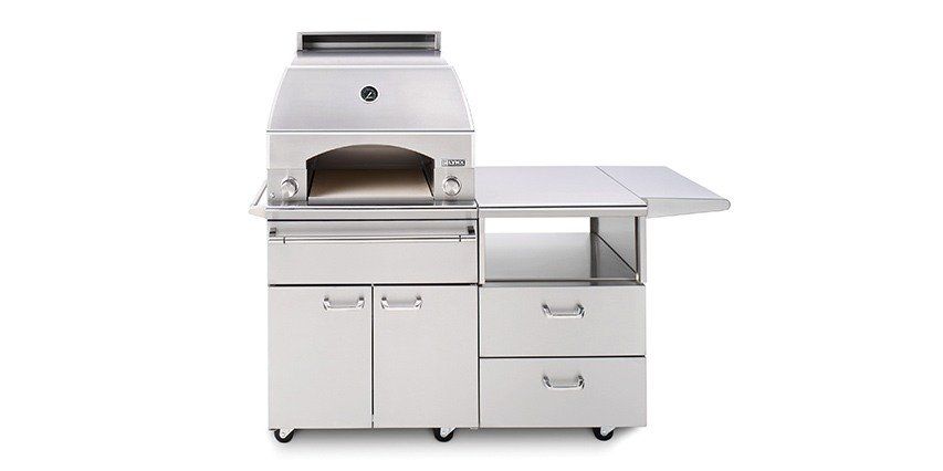 A stainless steel cabinet with drawers and a pizza oven