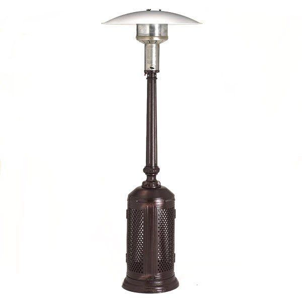 A brown patio heater with a stainless steel shade on a white background.