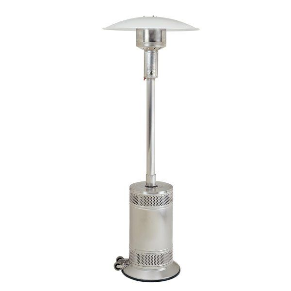 A stainless steel patio heater on a white background.