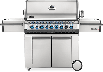 A stainless steel grill with wheels and cabinets on a white background.
