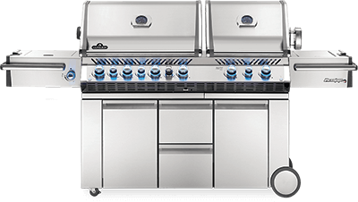 A stainless steel grill with wheels and cabinets on a white background.