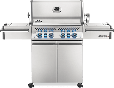 A stainless steel grill with blue knobs on a white background.
