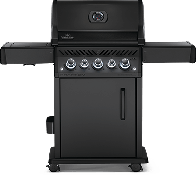 A black gas grill with wheels and a door on a white background.