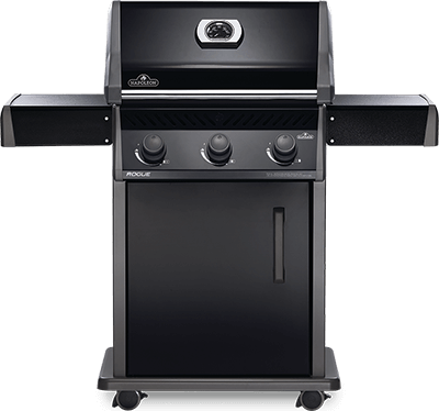 A black gas grill with three burners and a door