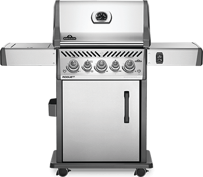 A stainless steel grill with wheels and a door on a white background.