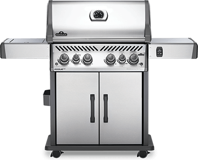 A stainless steel grill with two doors and four burners on a white background.