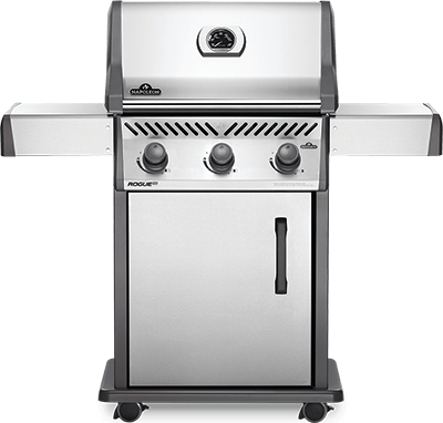 A stainless steel grill with three burners and a door on a white background.