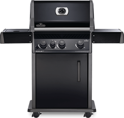 A black gas grill with wheels and a door on a white background.