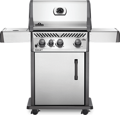 A stainless steel grill with wheels and a door on a white background.