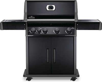 A black gas grill is sitting on top of a cart on a white background.