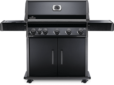 A black gas grill with wheels and cabinets on a white background.