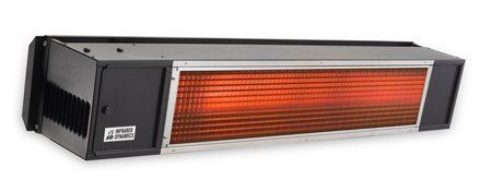 A black heater with a red light on it is sitting on a white surface.