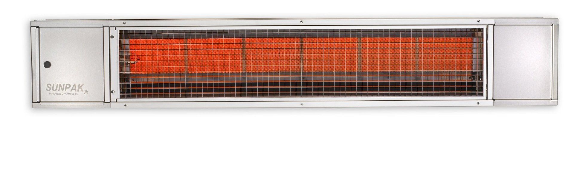 A stainless steel heater with a red light coming out of it