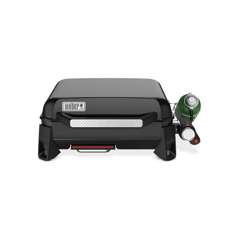 A weber portable grill with a gas bottle attached to it.
