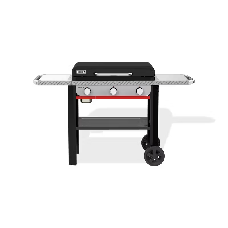A 3d model of a gas grill with wheels on a white background.